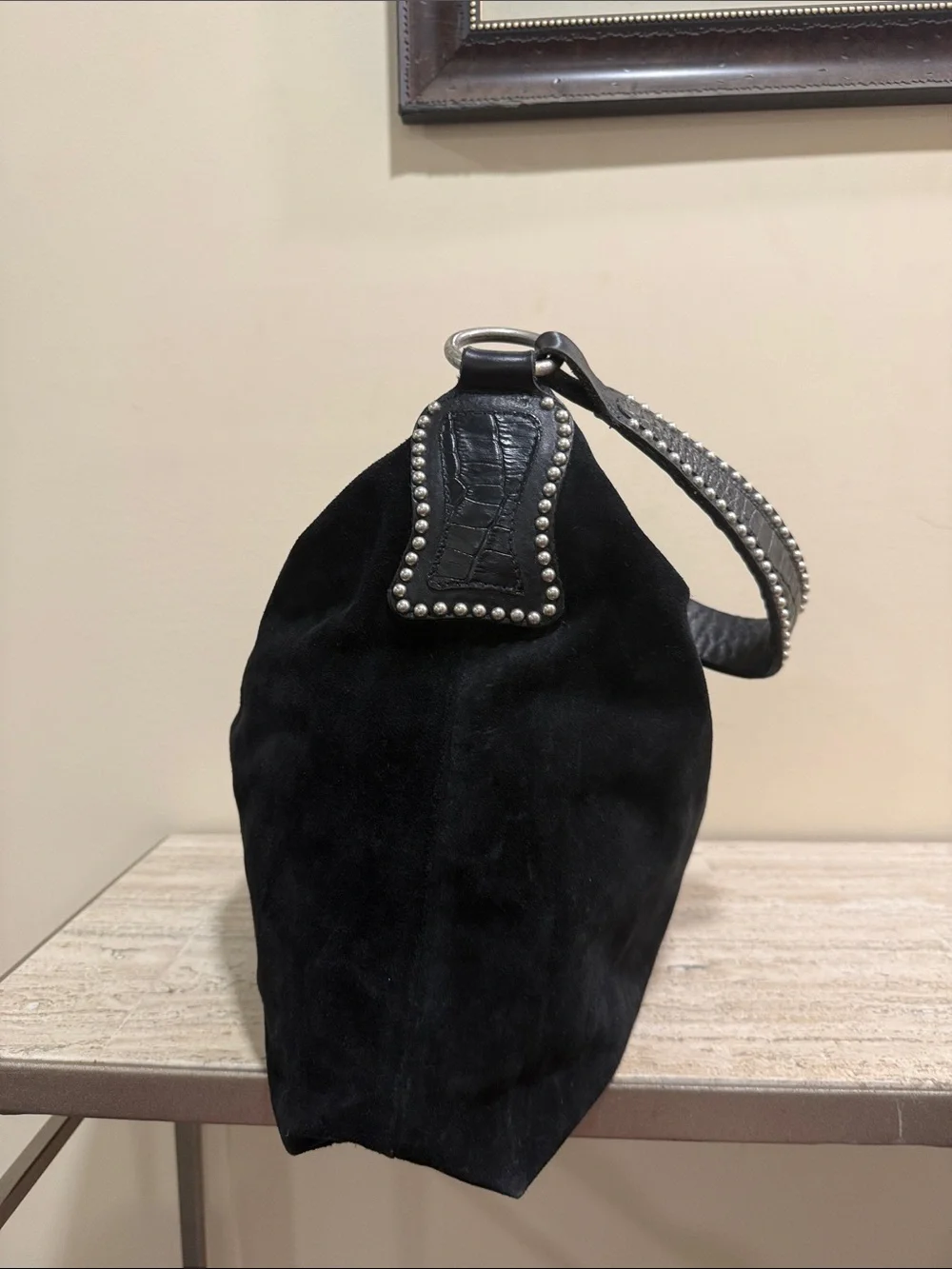 Leatherock Black Suede Hobo with Turquoise Jewel Medallion